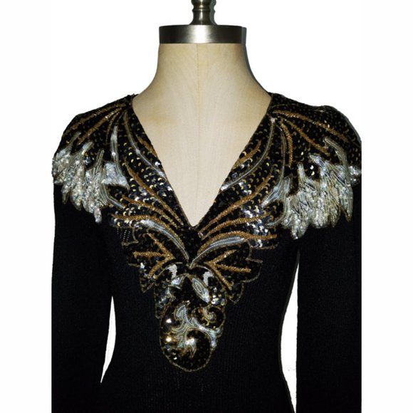 Vtg 80s Santana Knit beaded sequined Bodice Dress 12 - Picture 2 of 11